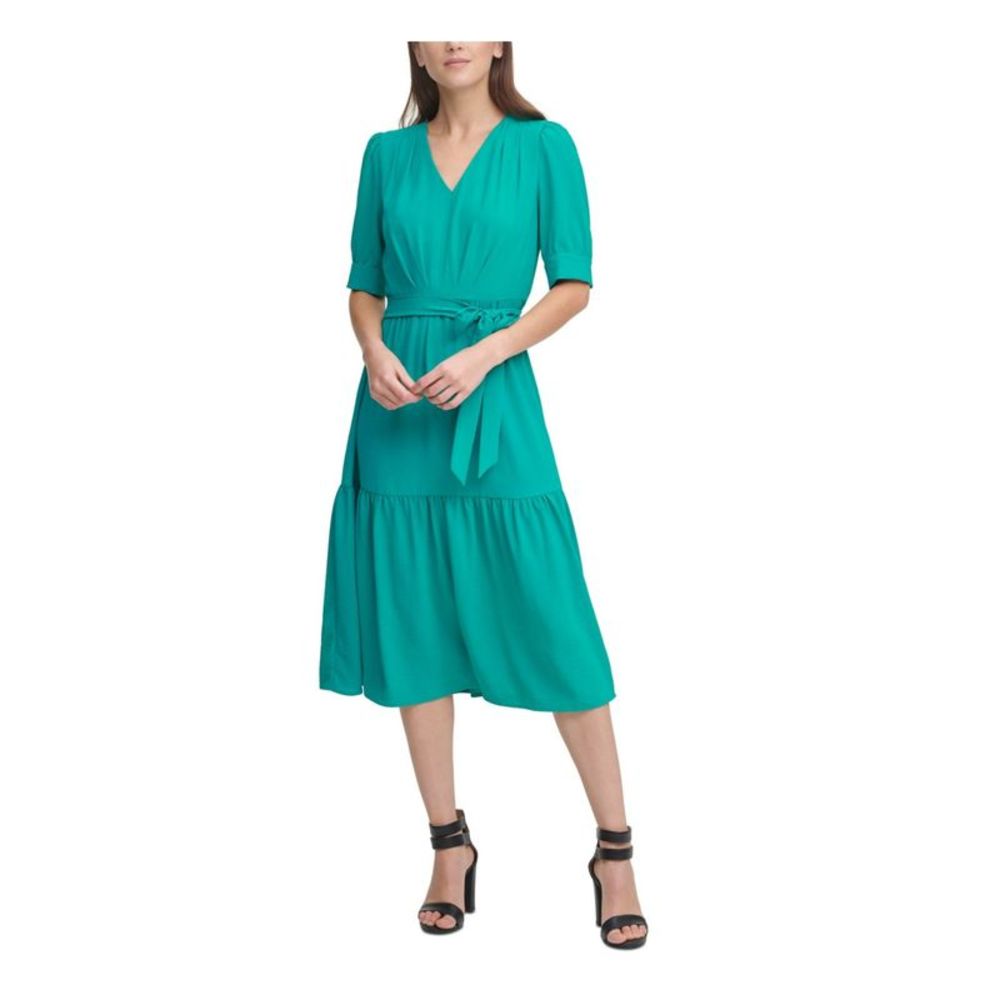DKNY Womens Green Belted Elbow Cuff Sleeve  V Neck Midi Wear To Work Dress 10